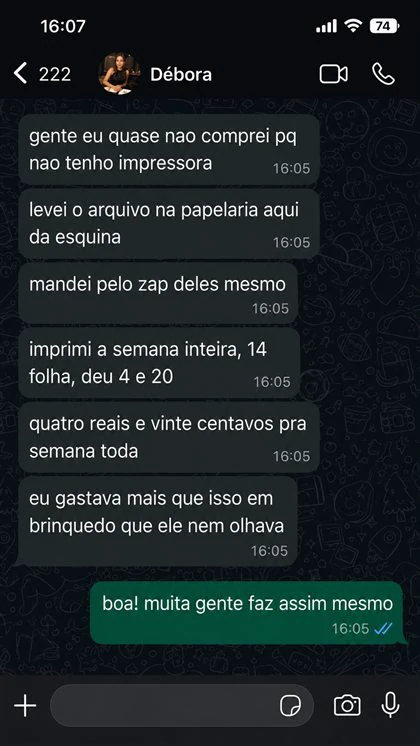 Mensagem de uma mãe que usa o material