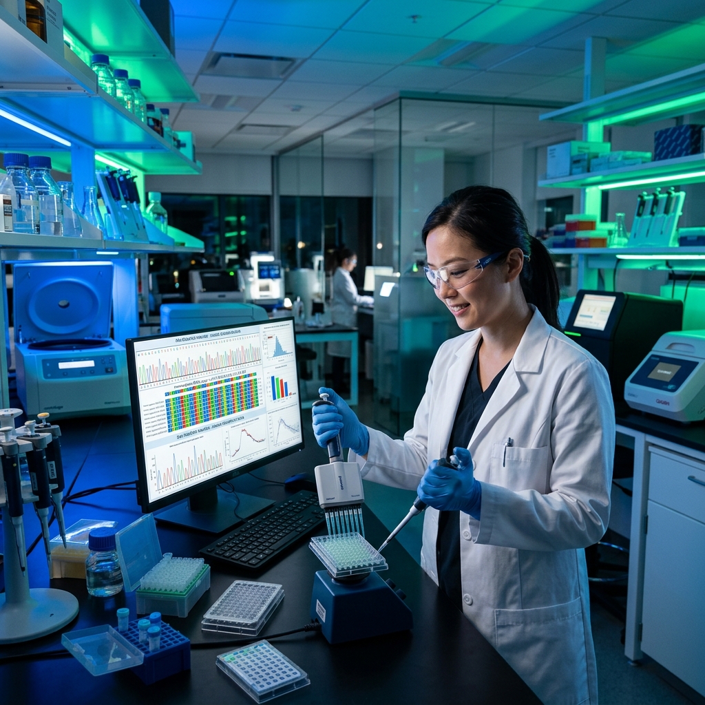 Científico en un laboratorio de biotecnología analizando muestras con equipamiento avanzado
