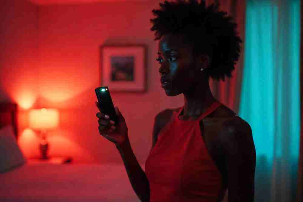 An image showing a woman scanning for hidden cameras with a portable detector in a dimly lit hotel room.