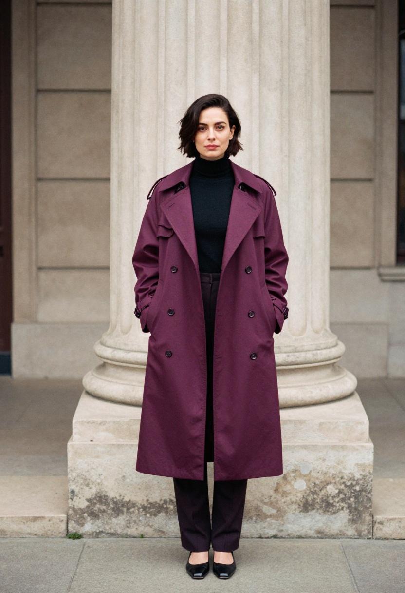 Deep plum longline trench coat anchoring a sleek architectural full-body look in front of a classical building