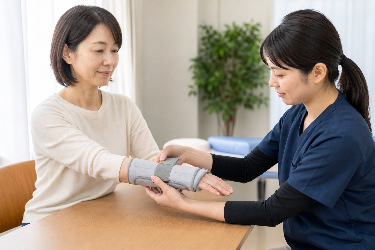 手根管症候群のある成人に対して専門職が手関節装具の適合を確認する様子