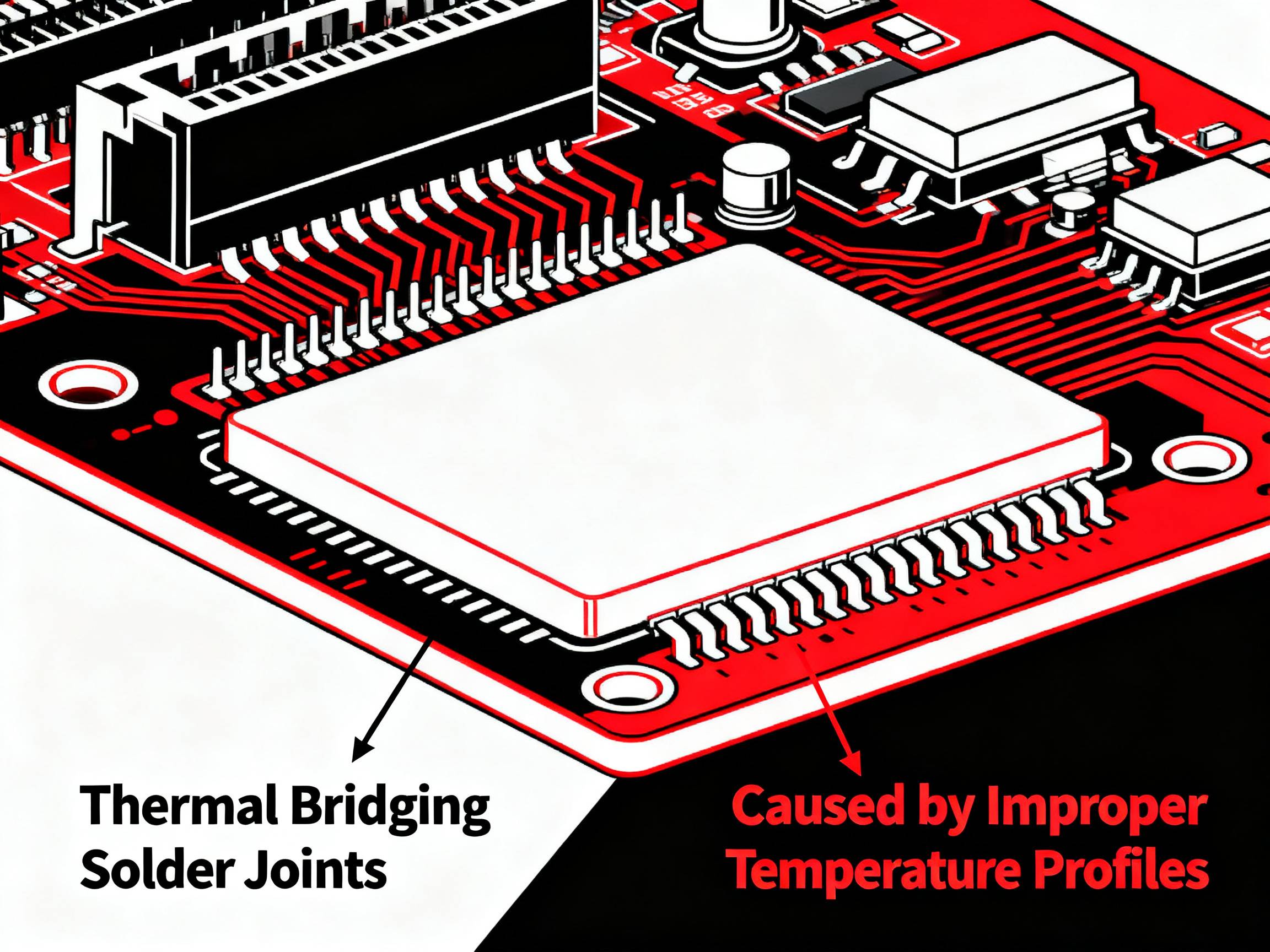 Thermal bridging incomplete solder joints on PCB.