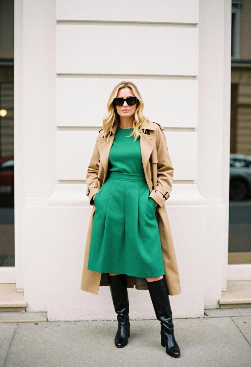Emerald green midi skirt with camel trench coat and knee-high boots