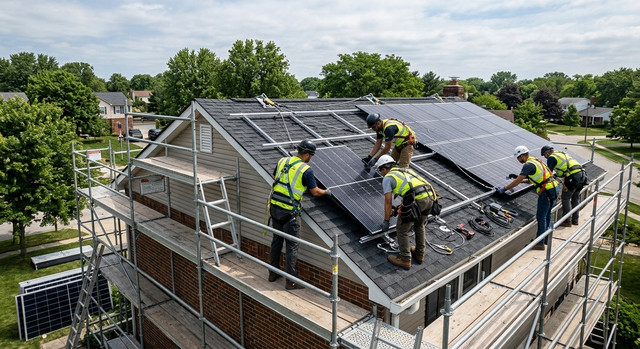 Installers working safely on a roof