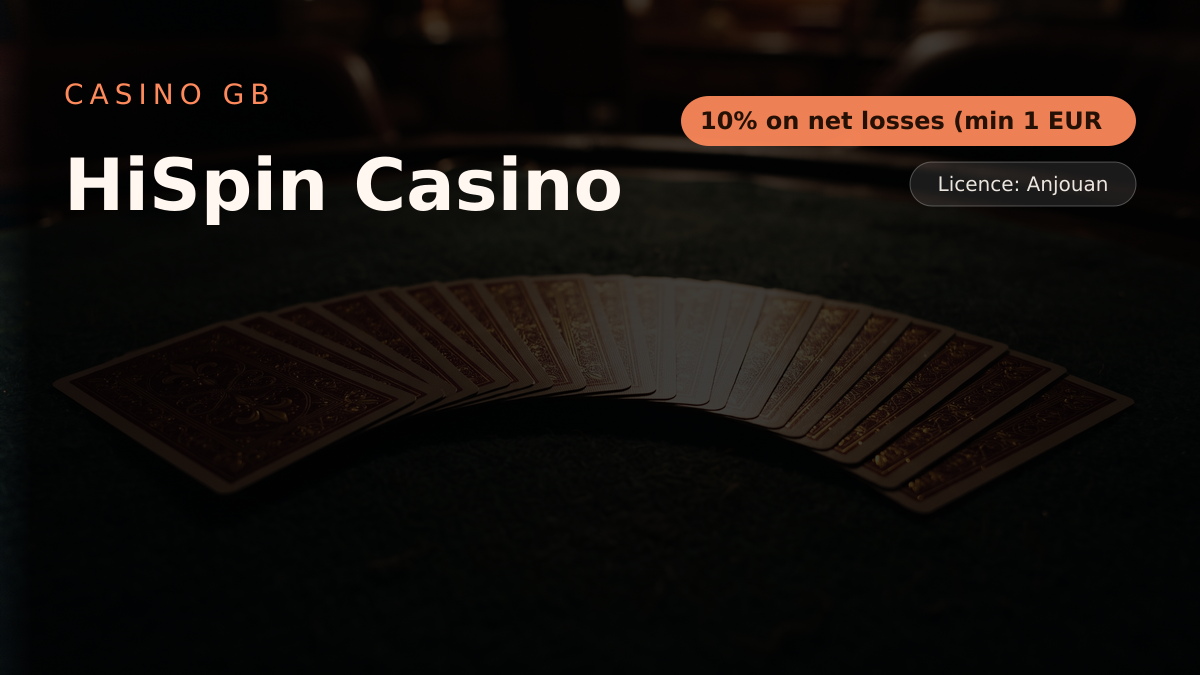 HiSpin Casino — welcome bonus 10% on net losses (min 1 EUR