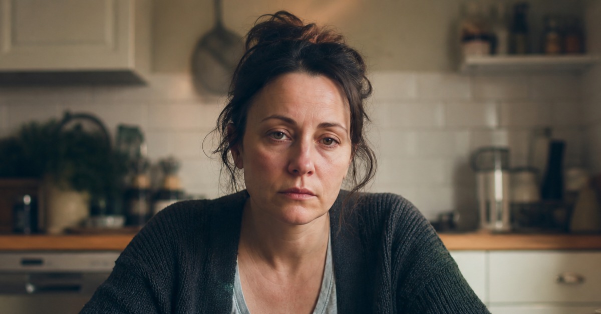 Woman experiencing metabolic fatigue from insulin resistance, hands around coffee mug