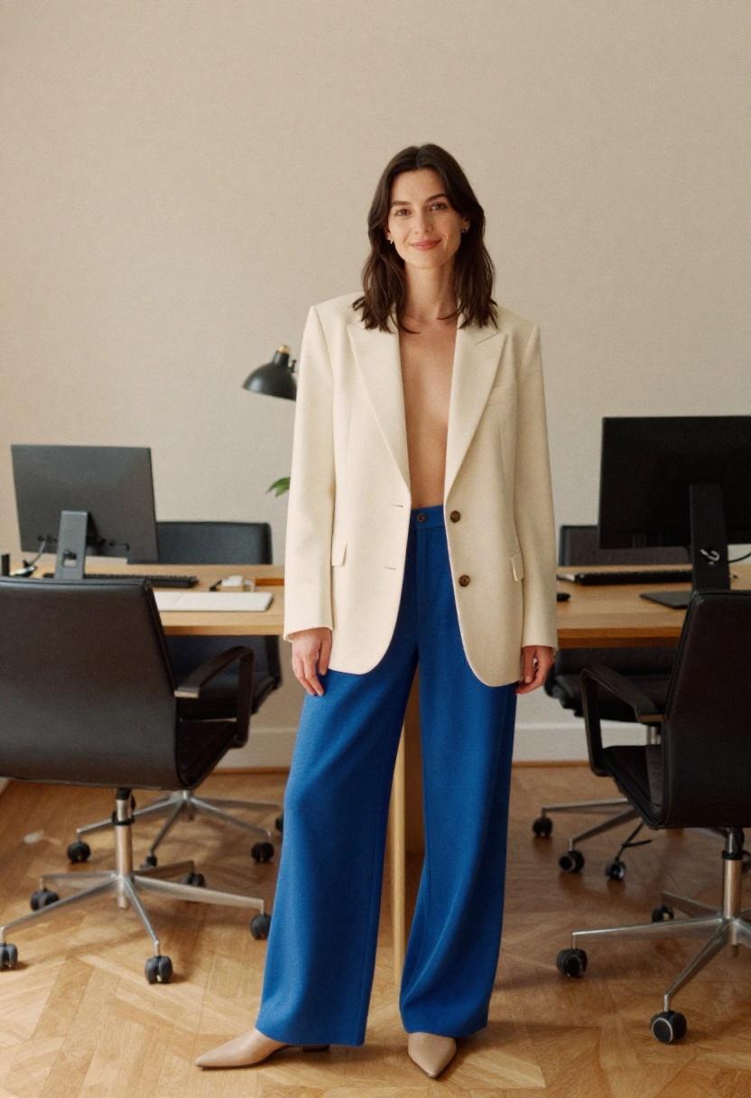 Cobalt blue wide-leg trouser suit in creative home office