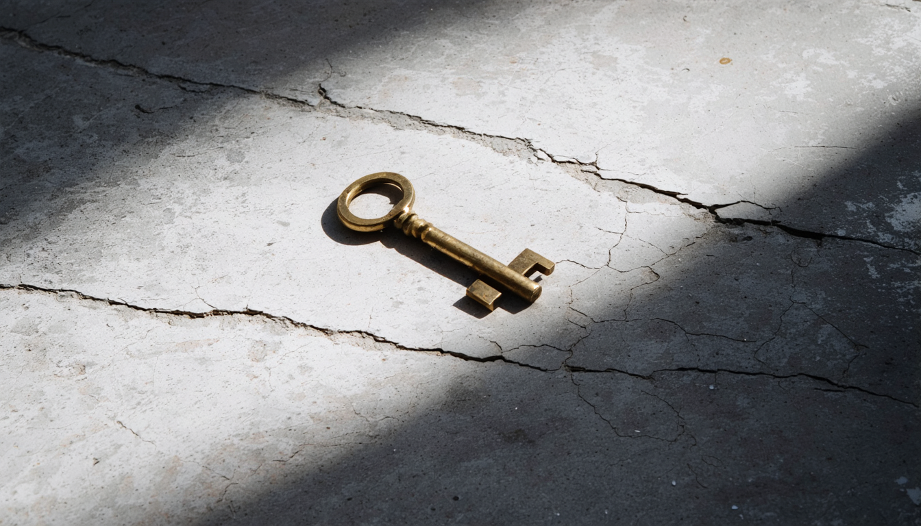A brass key on cracked concrete, casting a shadow longer than any door it could open.