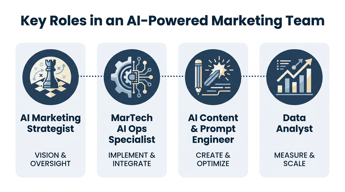 Four key roles in an AI-powered marketing team: AI Marketing Strategist, MarTech AI Ops Specialist, AI Content and Prompt Engineer, and Data Analyst — illustrated as a horizontal icon card grid by The Zulu Method