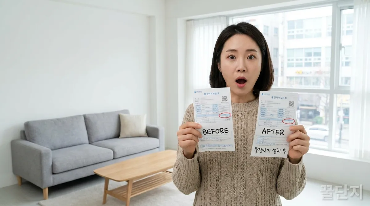 30대 한국인이 절수기 설치 전후 수도 요금 고지서를 비교하며 놀라워하는 모습, 깔끔한 거실 배경