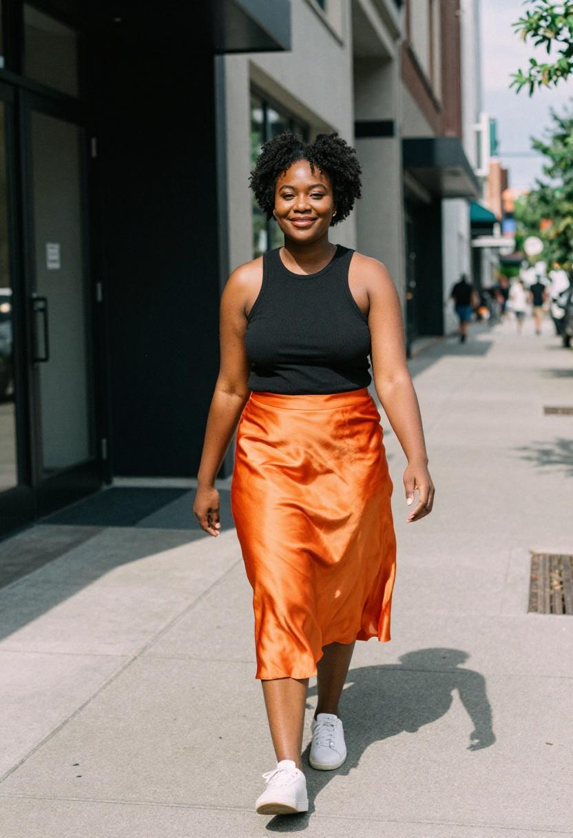 Tangerine orange satin midi skirt with black ribbed tank and white sneakers
