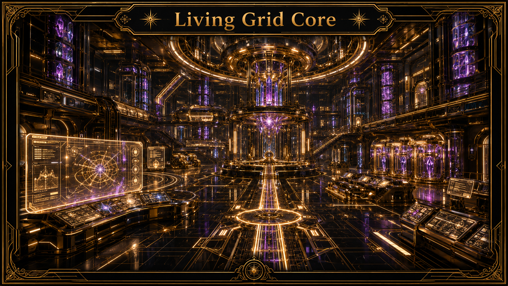 Living Grid Core, a black and gold Skyward energy chamber with purple Fog-crystal storage columns, glowing control consoles, and citywide distribution architecture