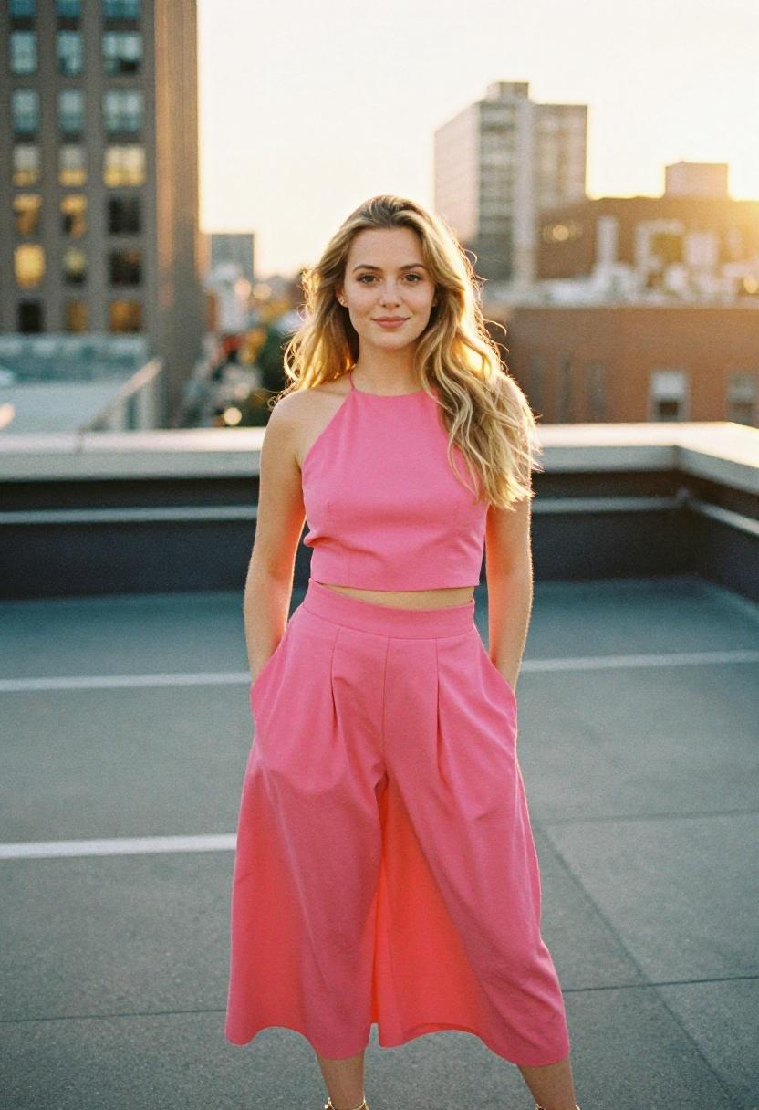 Fuchsia halter crop top and matching palazzo skirt set for monochrome rooftop party look