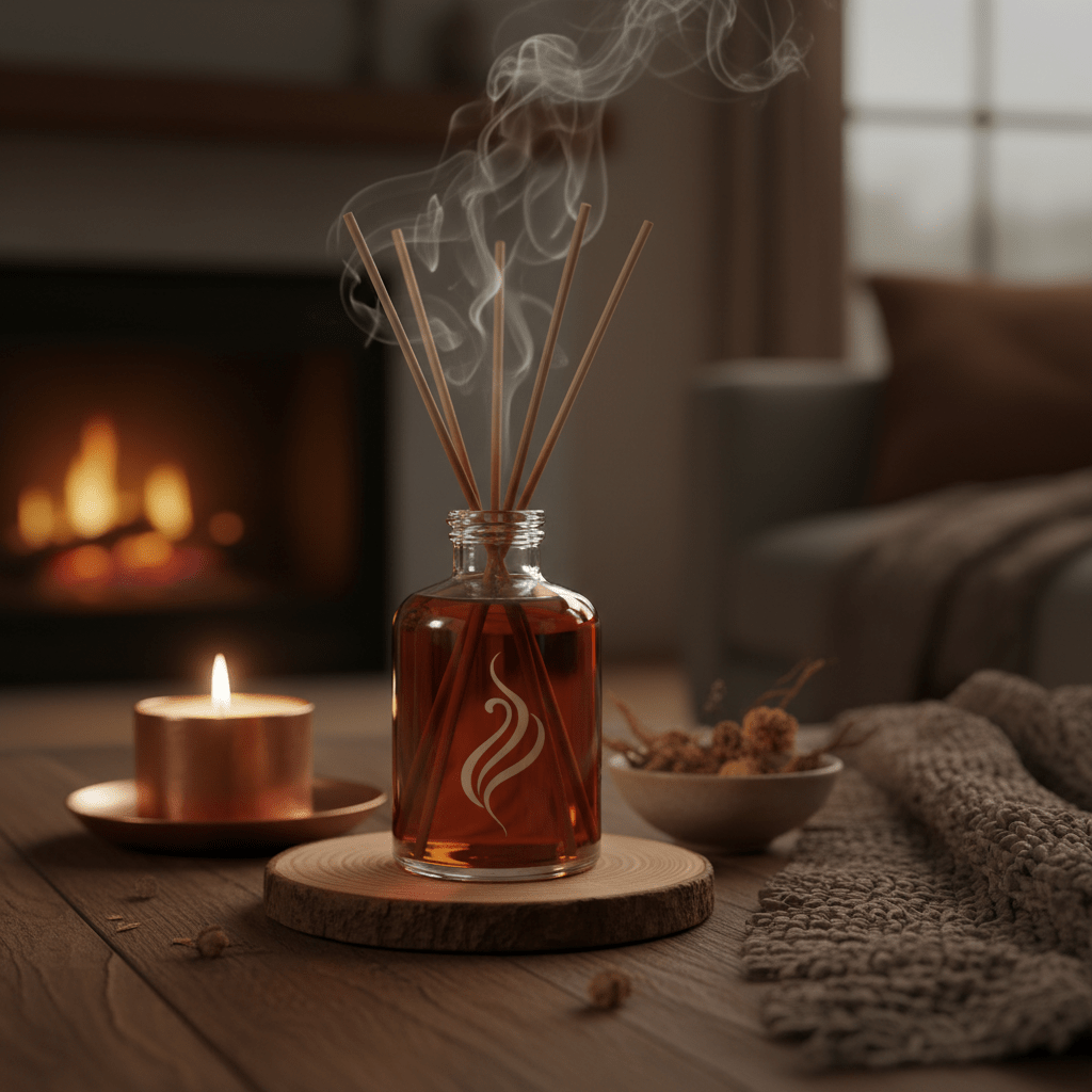Spikenard oil bottle with diffuser in a cozy evening setting