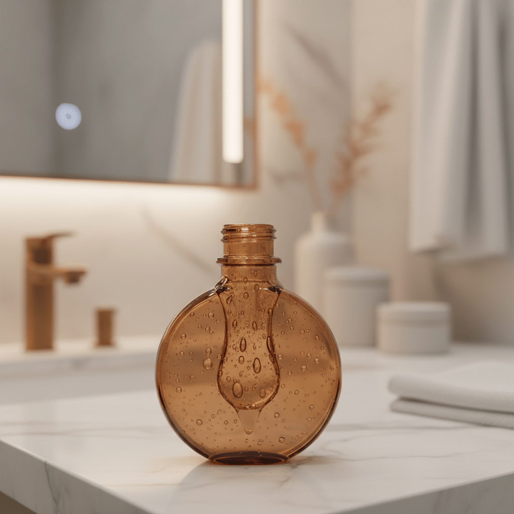 A photorealistic skincare bottle with glycerin droplets on a clean vanity