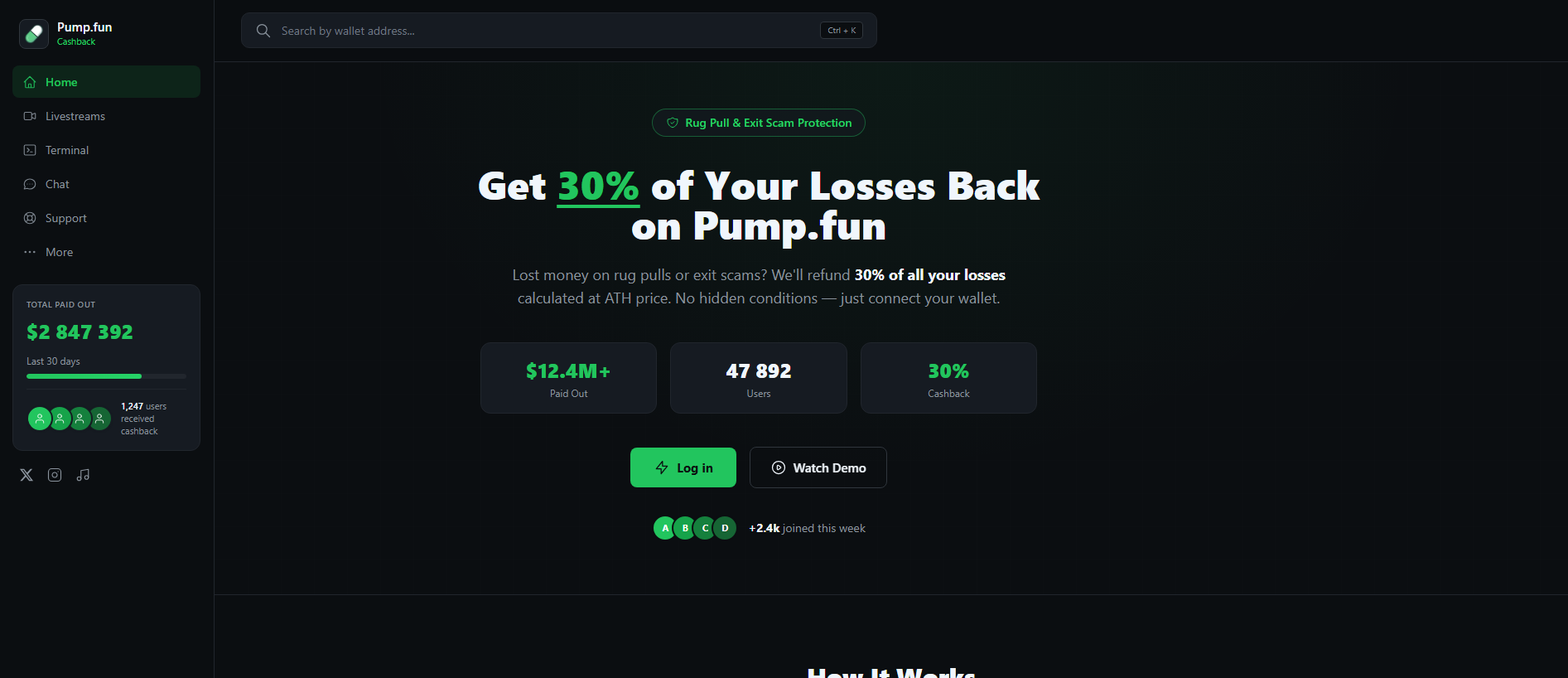 Forensic screenshot of lossesbacks-pump.fun showing the phishing page layout