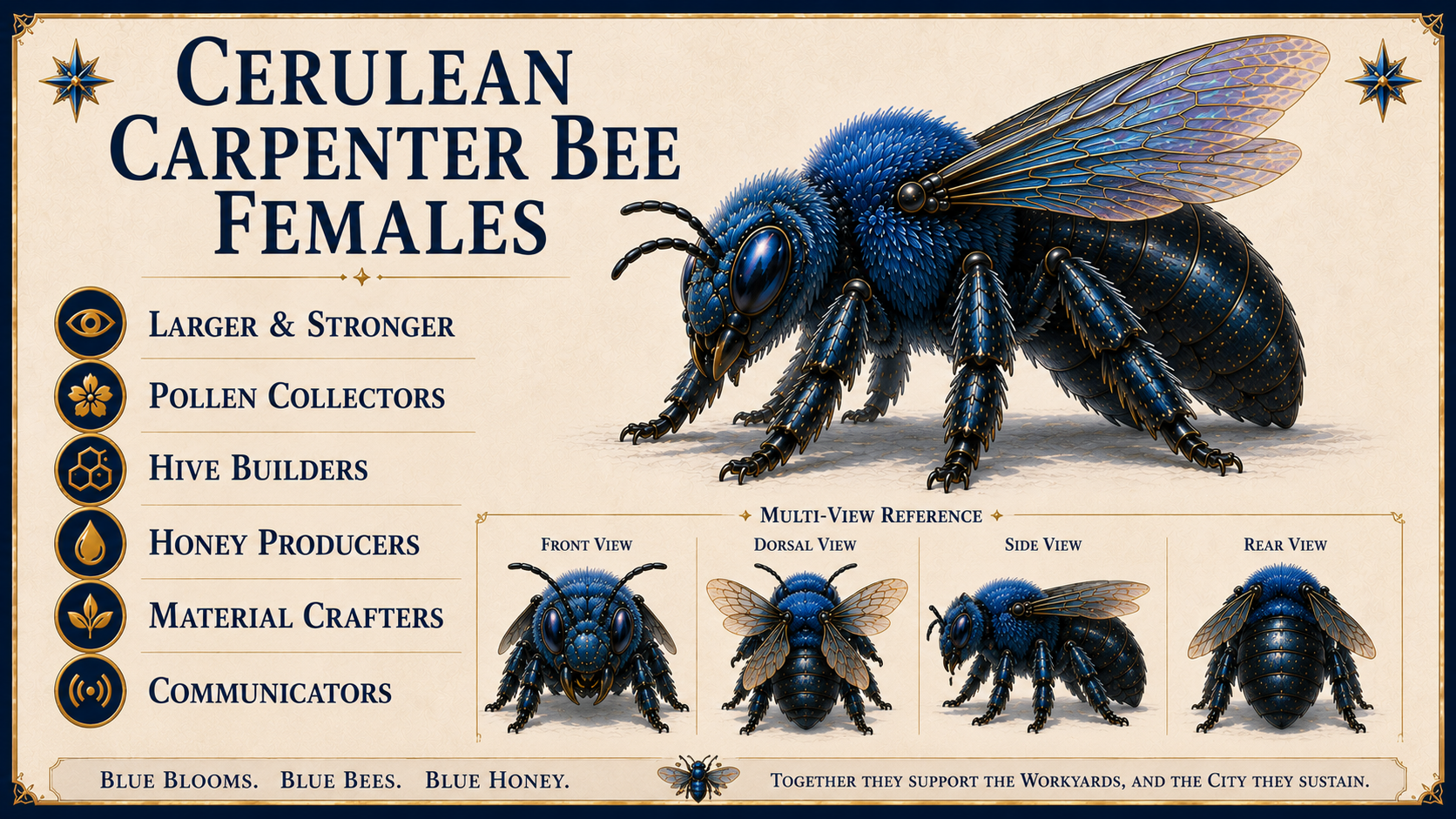 Cerulean carpenter bee females, larger, stronger, stinging protectors and hive builders.