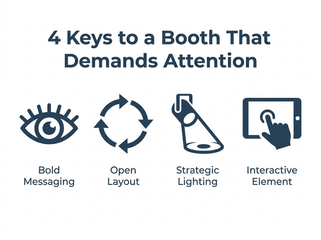 An infographic showing the 4 keys to a booth that demands attention: Bold Messaging, Open Layout, Strategic Lighting, and having an Interactive Element.