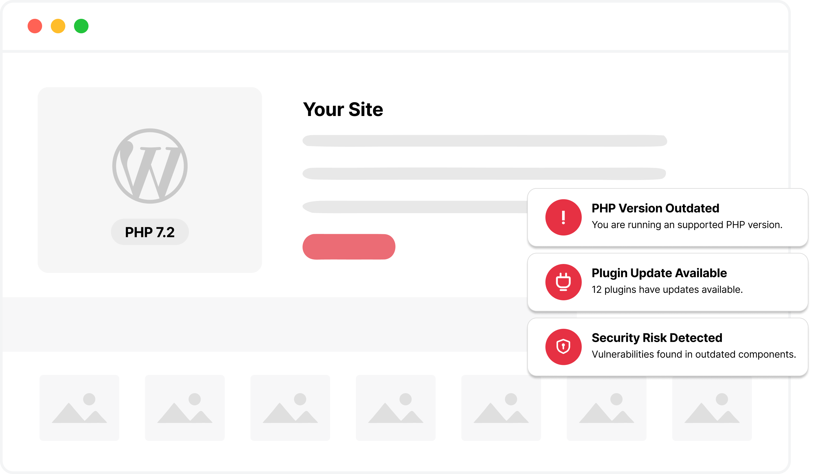WordPress dashboard with PHP version, plugin update, and security alerts