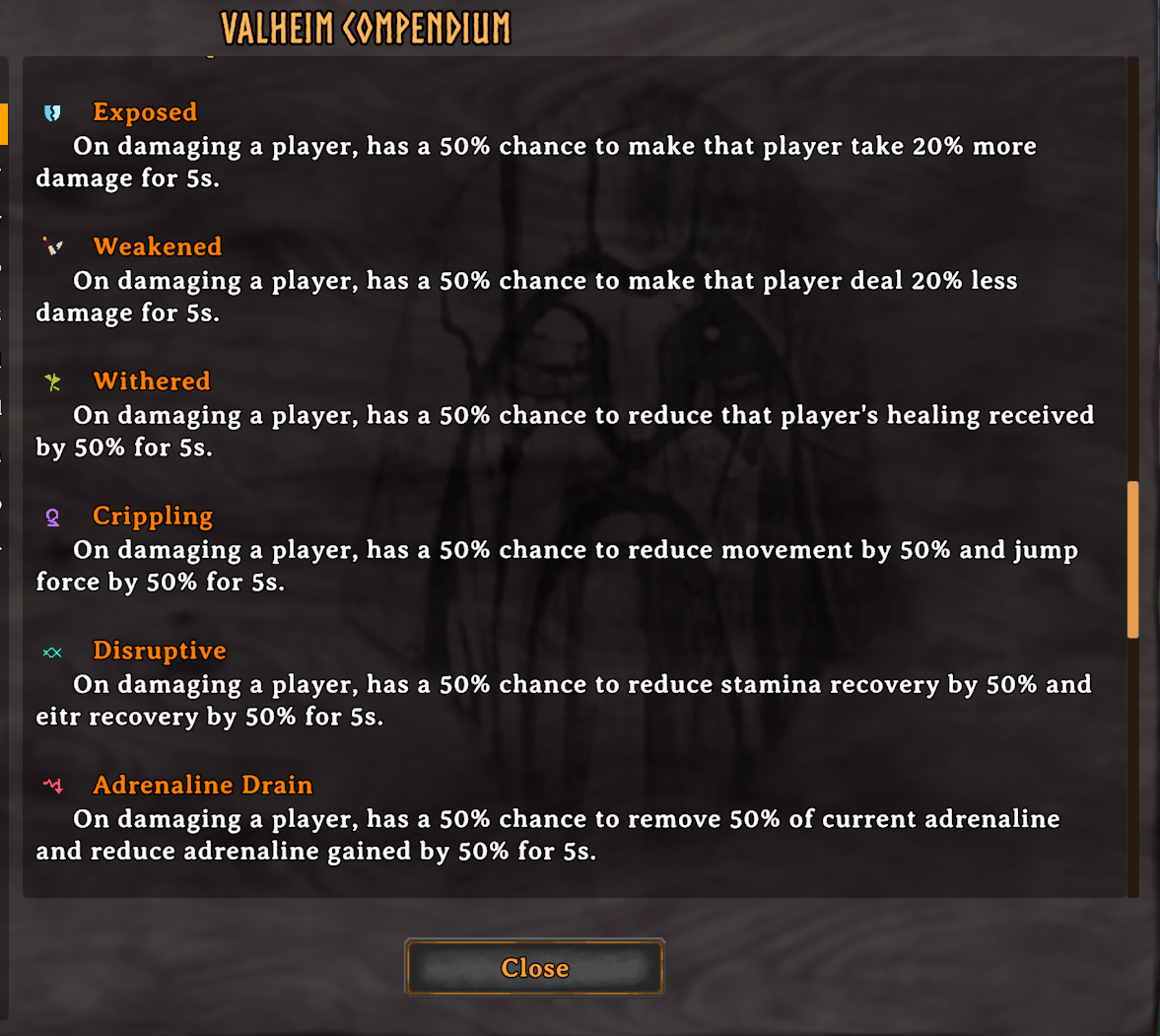Affliction modifier entries in the Compendium