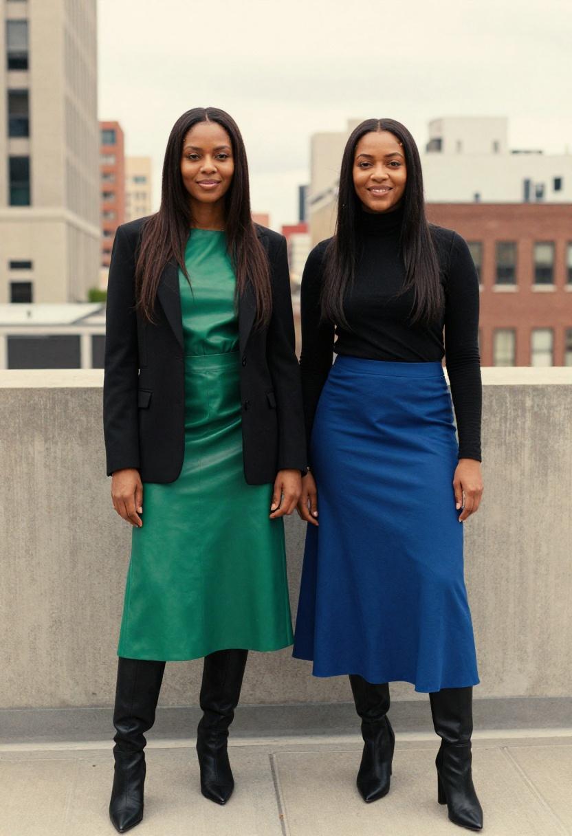 Emerald and royal blue midi skirts styled with boots and tailored tops on a rooftop