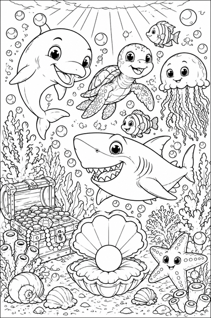 Printable Ocean Friends Treasure Adventure colouring page for kids