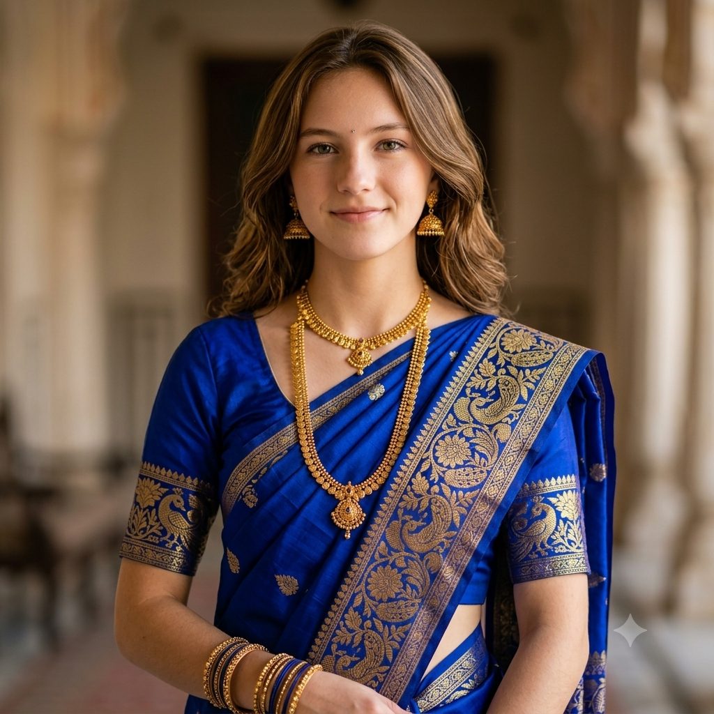 Royal Blue Saree Copy Paste Prompt for AI Photos
