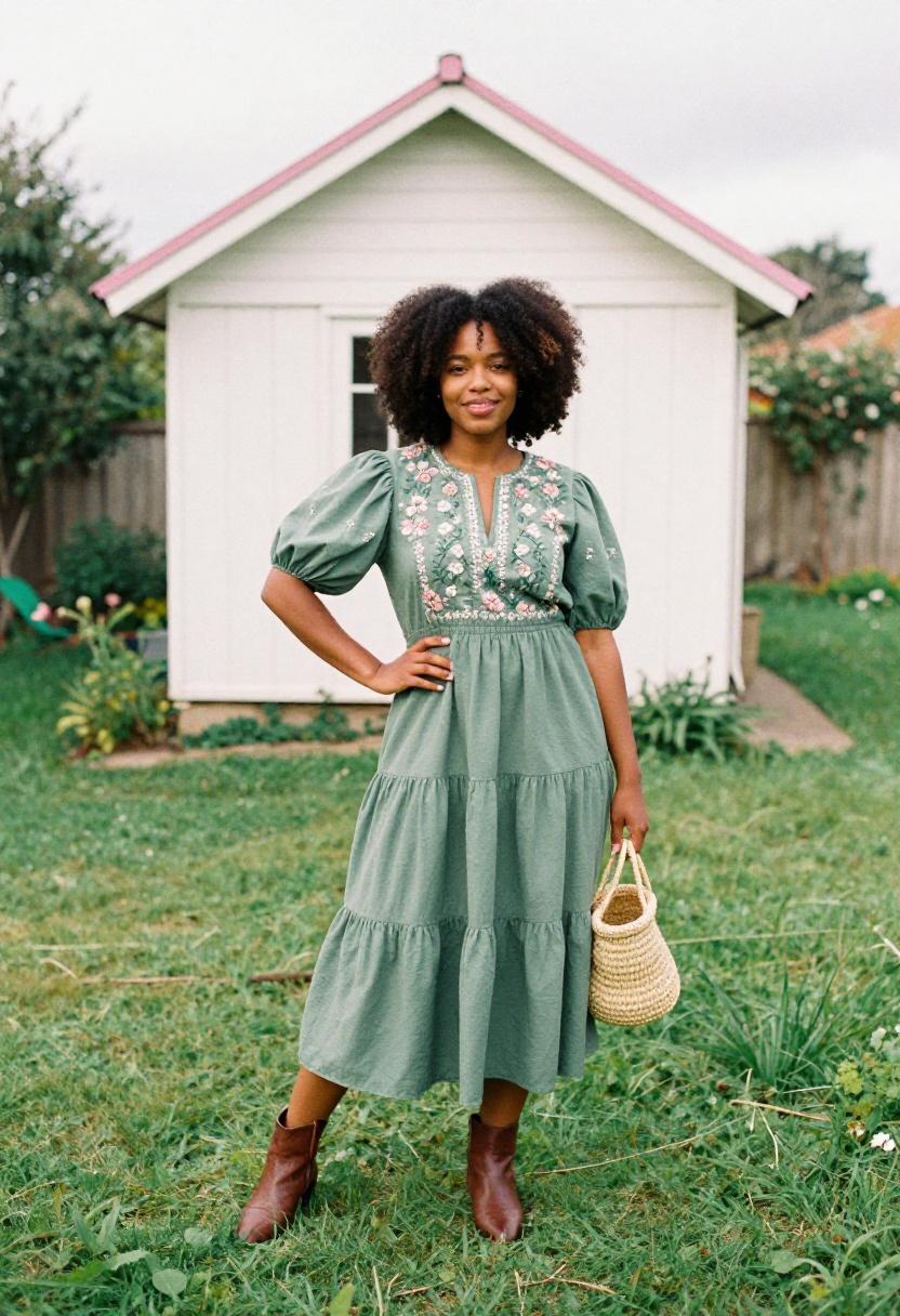 Sage green cottagecore midi dress with floral embroidery for backyard gatherings