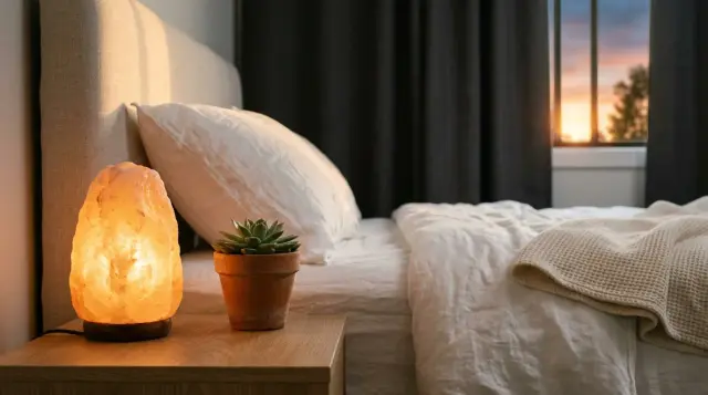 Warm amber salt lamp on wooden nightstand beside white bedding at sunset, tranquil mood