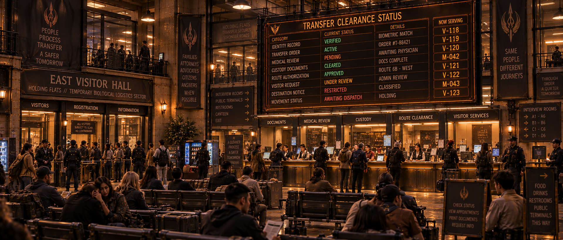 East Visitor Hall in Holding Flats with transfer-clearance counters, waiting families and administrative status boards.