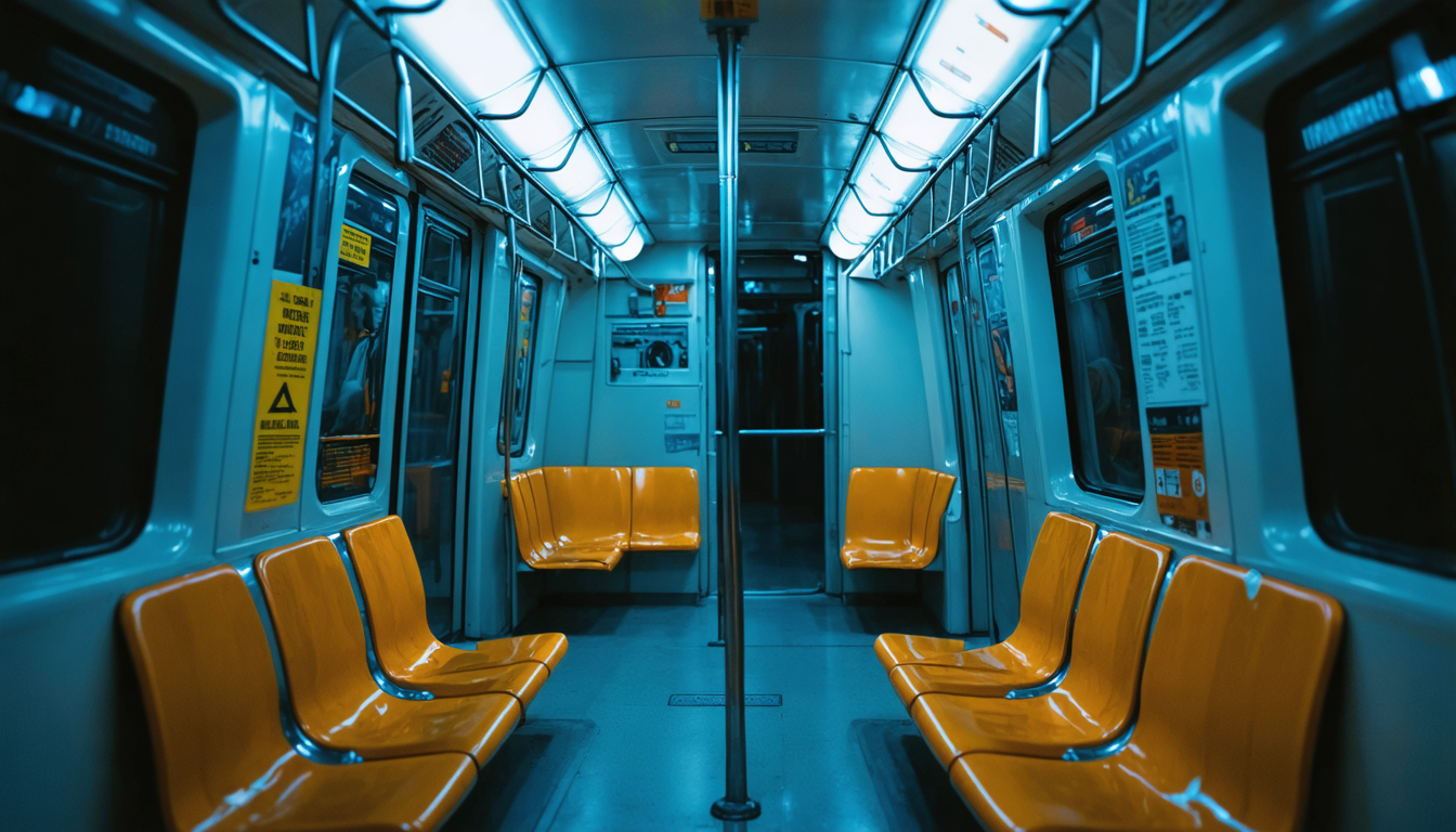 A long subway car interior at night, mostly empty except for a single figure slumped asleep in a seat, fluorescent lights overhead casting a bluish glow.