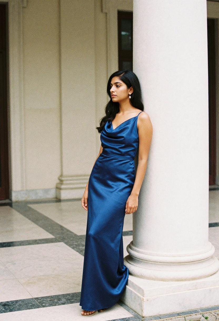 Emerald green asymmetric midi dress commanding attention against grand classical architecture on the wedding day
