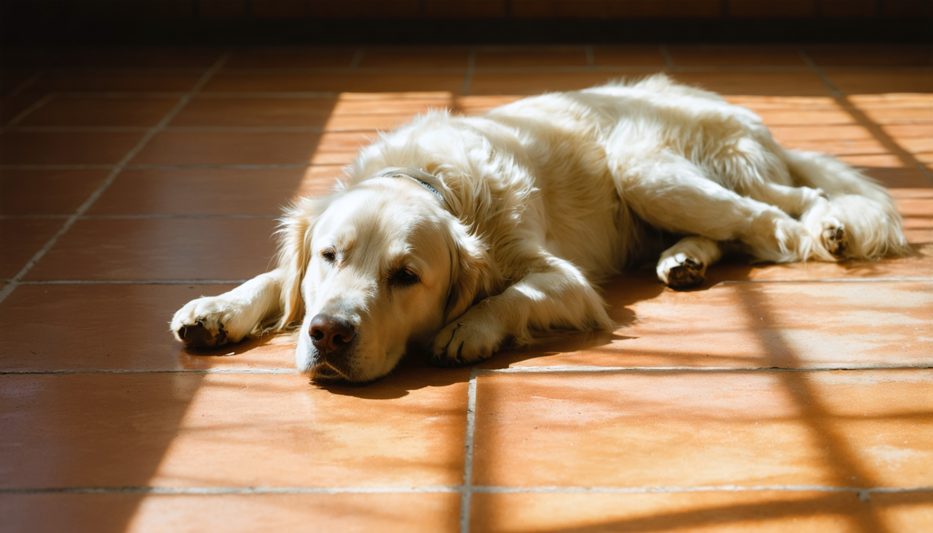 A golden retriever lying in a patch of warm sunlight on terracotta tile, body fully relaxed, eyes half-closed.