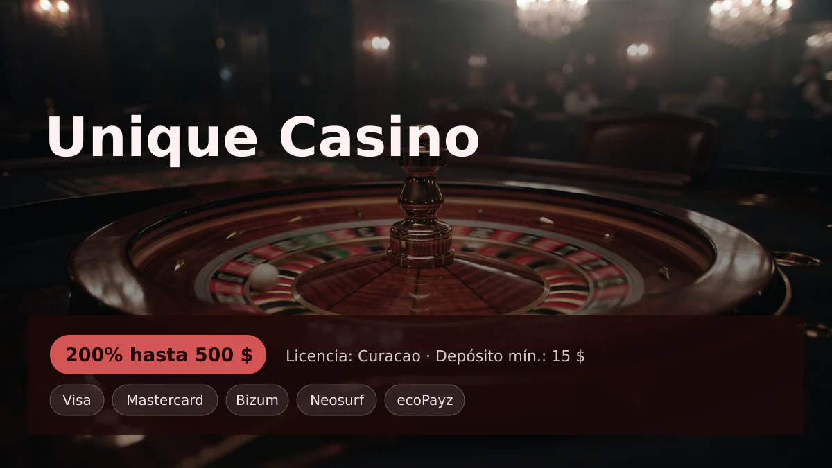 Unique Casino — bono de bienvenida 200% hasta 500 $ + 100 FS, pagos: Visa, Mastercard, Bizum, Neosurf, ecoPayz