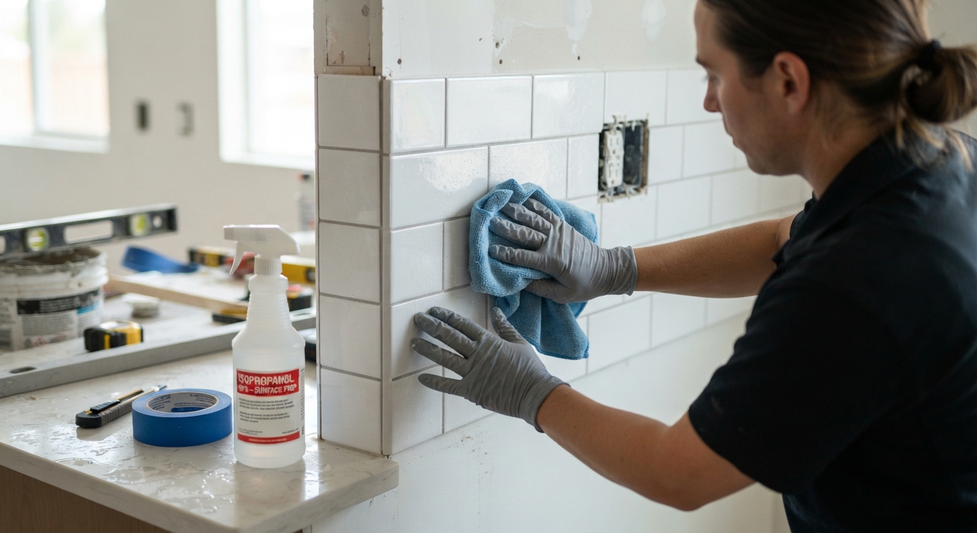 Dégraissage du carrelage à l'isopropanol avant pose de crédence adhésive