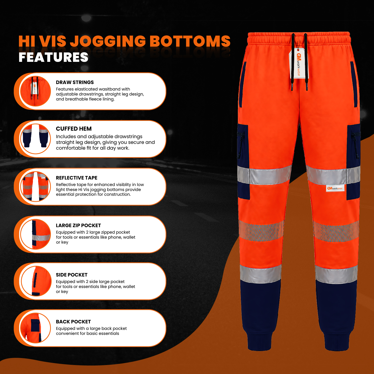 Hi Vis Joggers Features Zip Pockets Reflective Tape Orange Navy Work Trousers Construction Rail