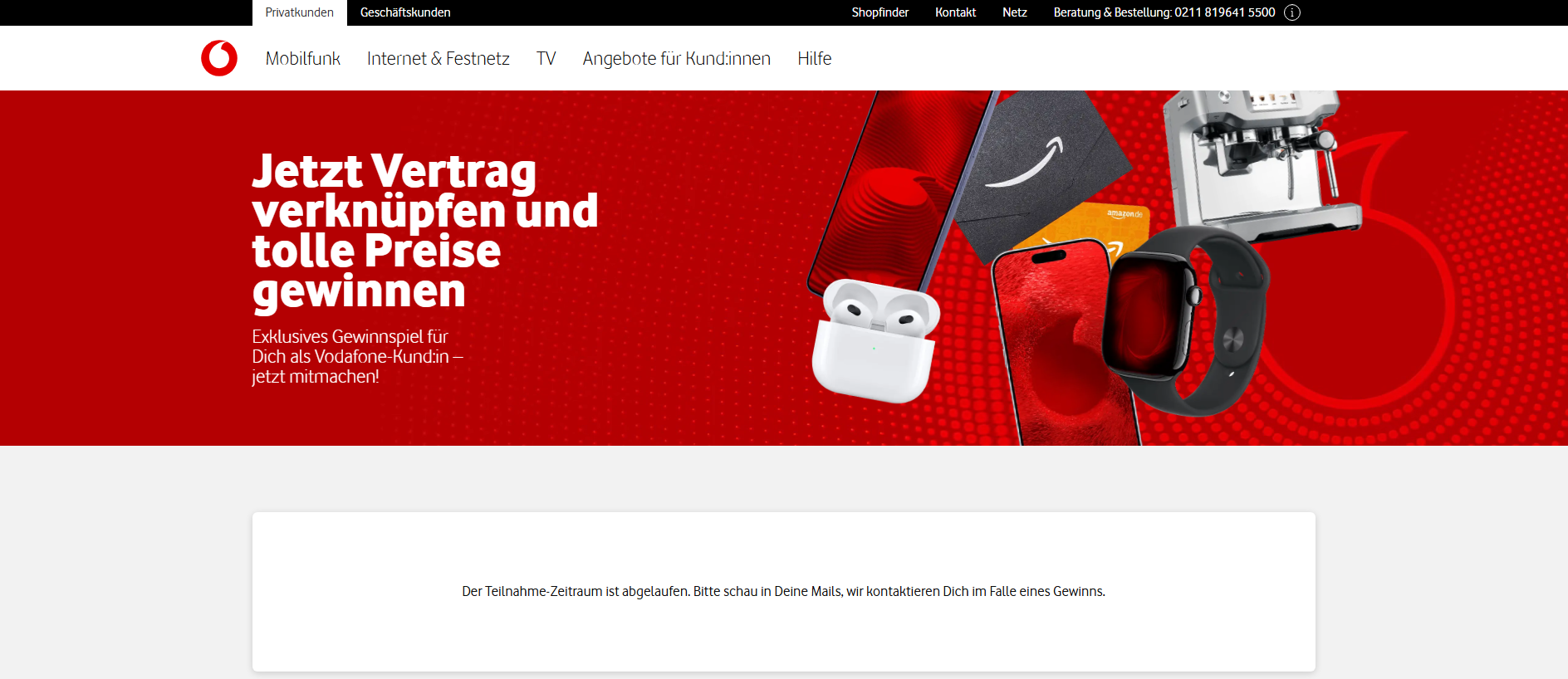 Forensic screenshot of vodafone-gewinnspiel.de showing the phishing page layout