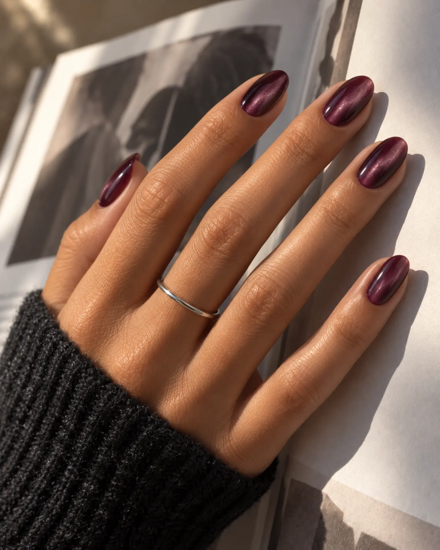 Plum Velvet Cat-Eye manicure inspiration for winter nail ideas