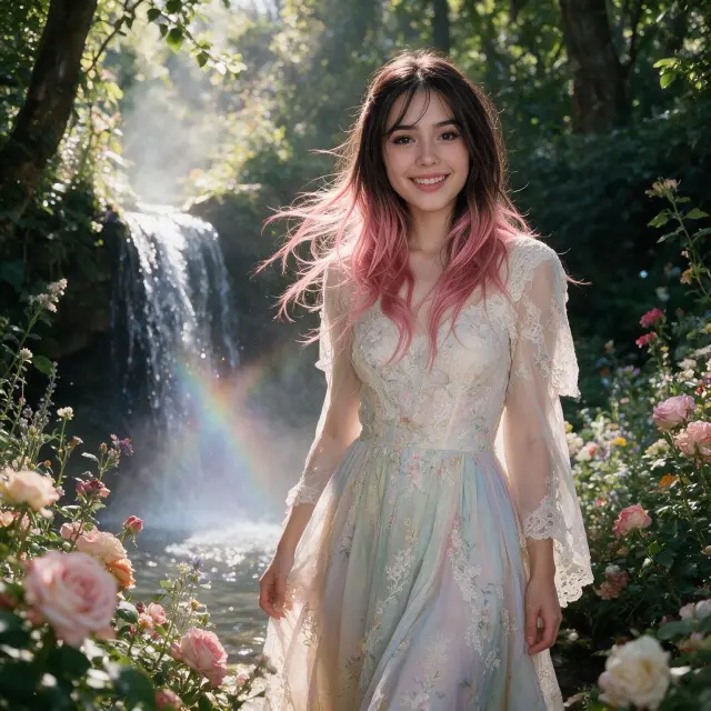 A woman with flowing hair wearing a soft pastel fairy-style dress with floral lace details, standing in a lush forest garden near a waterfall, roses and flowers in the foreground, subtle rainbow mist in the background, gentle smile, ethereal natural lighting, dreamy fantasy realism, high detail, romantic fairytale mood.