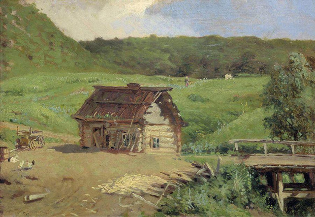 Пейзаж с избой и мостиком Начало 1880 х