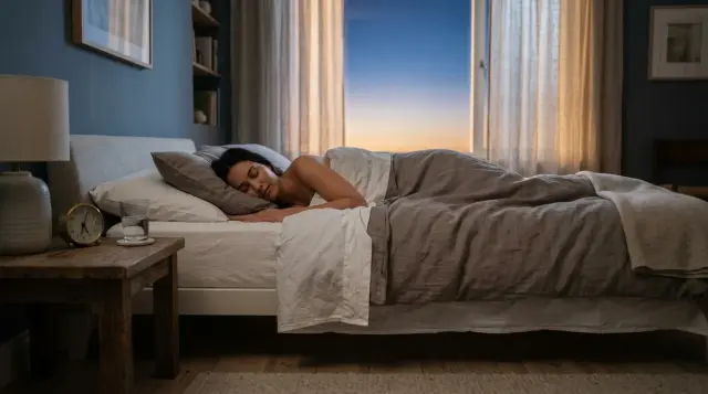 Person sleeping peacefully in serene blue-hour bedroom with soft dawn light