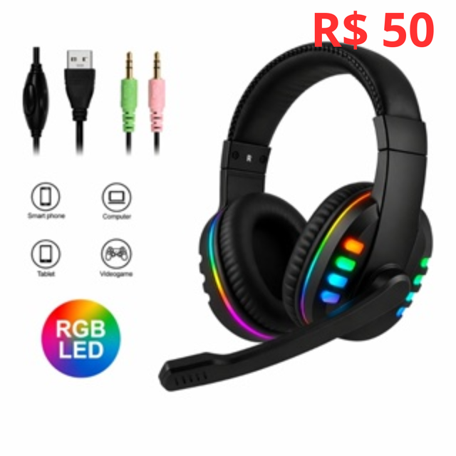 Headset Fone Gamer Led RGB com microfone USB e P2 Para PC Computador Headphone Videogame