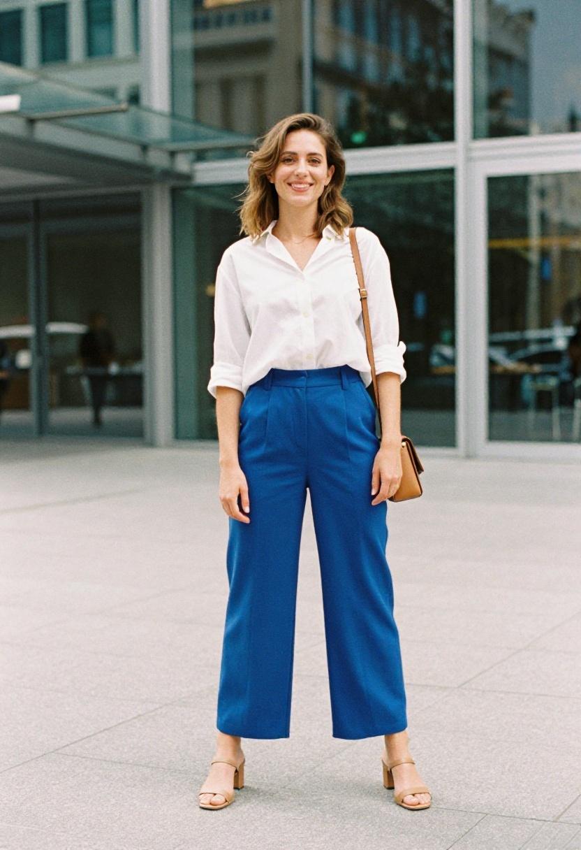 Woman in cobalt wide-leg trousers and crisp cropped blouse at weekend brunch