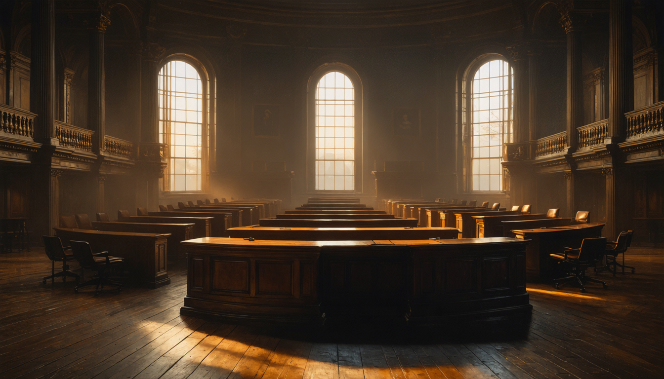 An empty wood-paneled legislative chamber at dusk, rows of vacant desks lit by low amber light through tall windows.