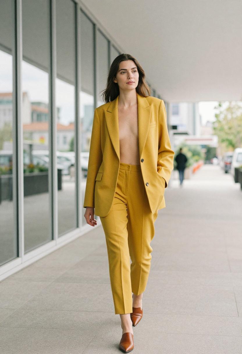 Mustard yellow longline blazer over charcoal trousers with cognac mule heels