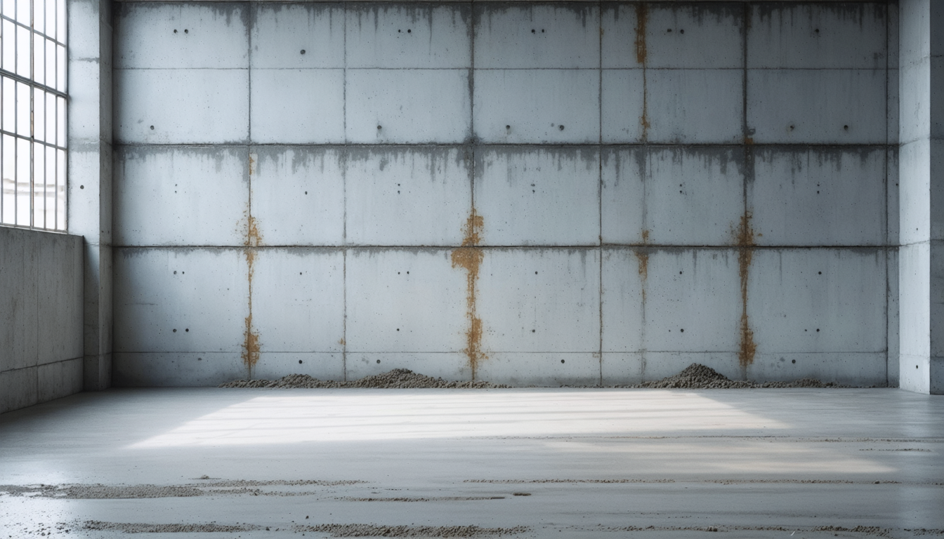 A single concrete wall bearing visible load in soft natural light, texture prominent, quiet industrial space.