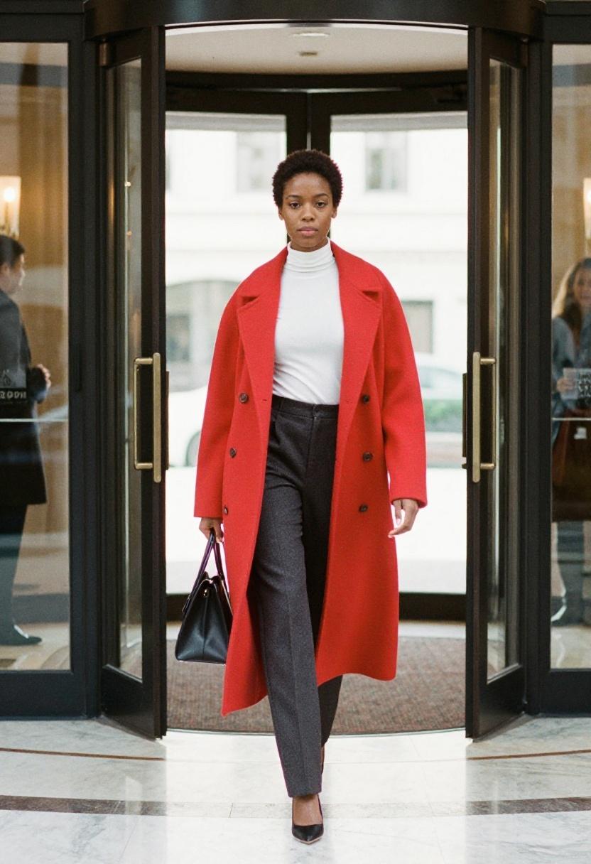 Crimson longline coat over white turtleneck at hotel entrance