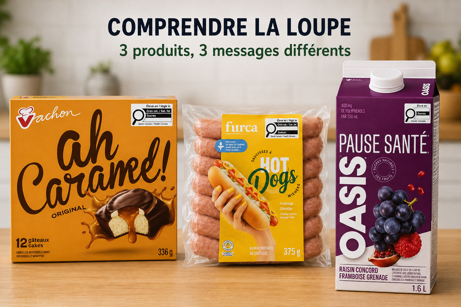 Trois produits alimentaires avec étiquettes nutritionnelles et une loupe noire de Santé Canada indiquant une teneur élevée en gras saturés, sucres ou sodium.