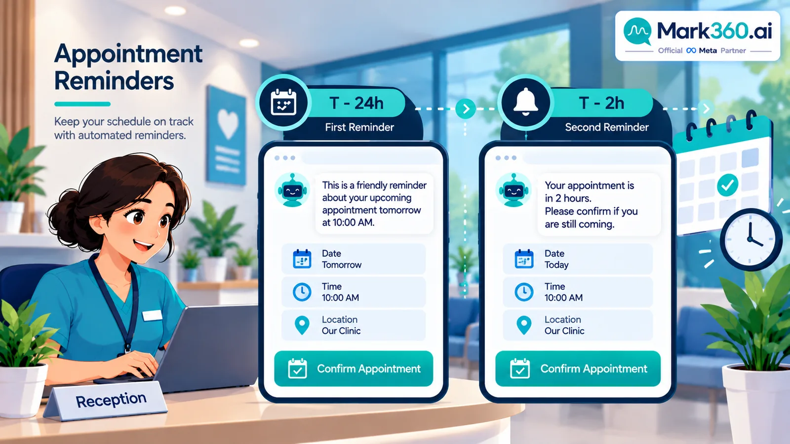Clinic WhatsApp appointment reminder drip timeline T-24h and T-2h with confirm buttons