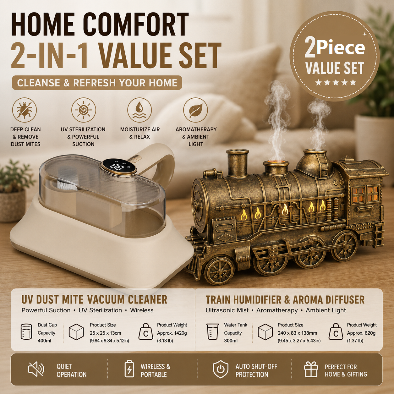 Winter Home Cleaning Comfort Kit - Brass-colored Retro Train Aromatherapy Humidifier and White Cordless UV Mite Remover Vacuum - 300ml Ultrasonic Mist with Jellyfish Smoke Ring, 400ml Dust Cup, LED Night Light, Remote Control for Bedroom and Bedding Clea